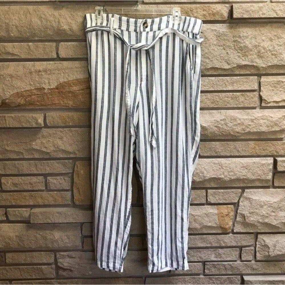 American Eagle Straight Leg Belted Elastic Waist Pants White Blue Stripe Large - Picture 2 of 8